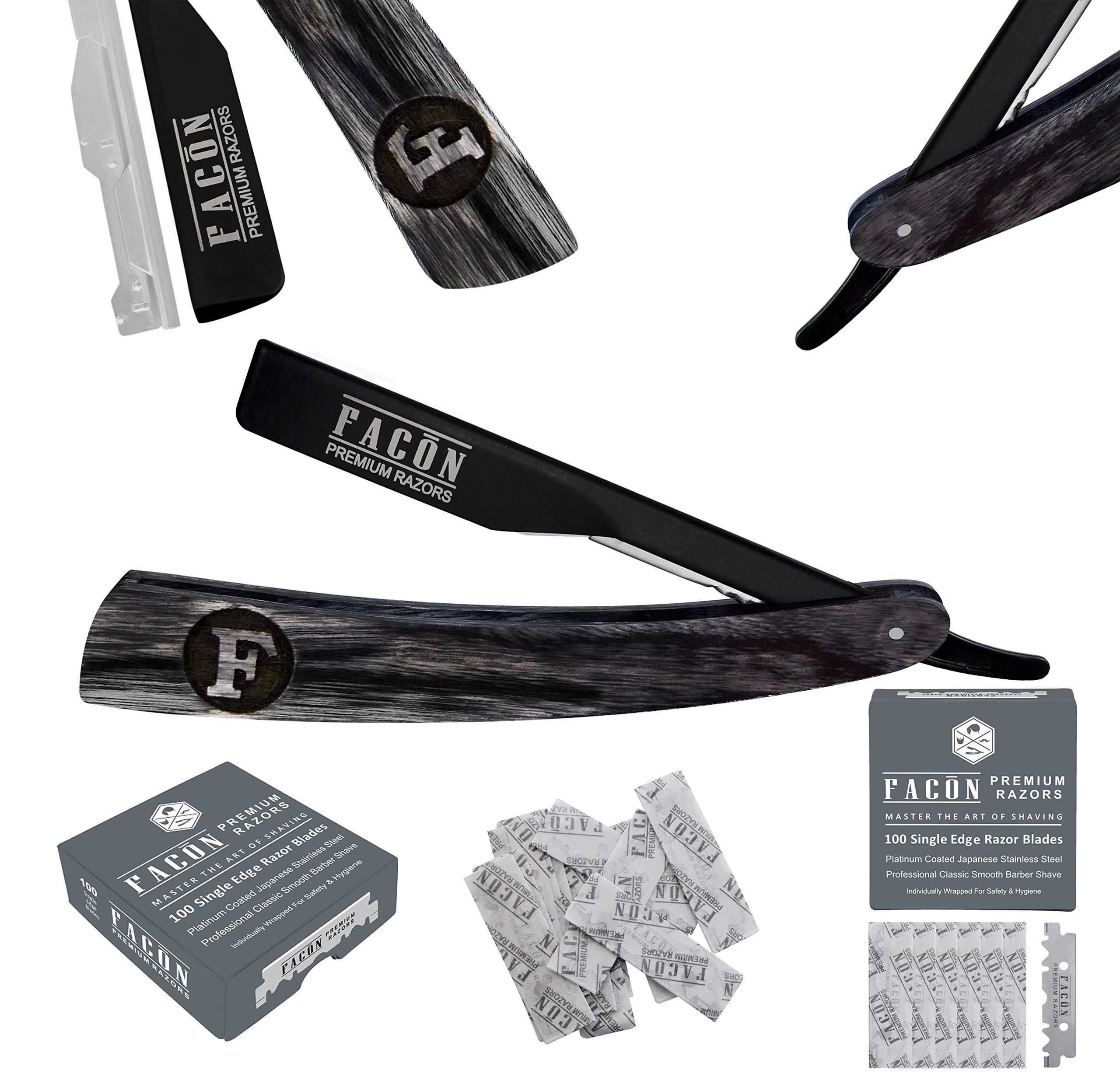 100 BLADES + Facón Professional Wooden Straight Edge Barber Razor - Salon Quality Cut Throat Shavette