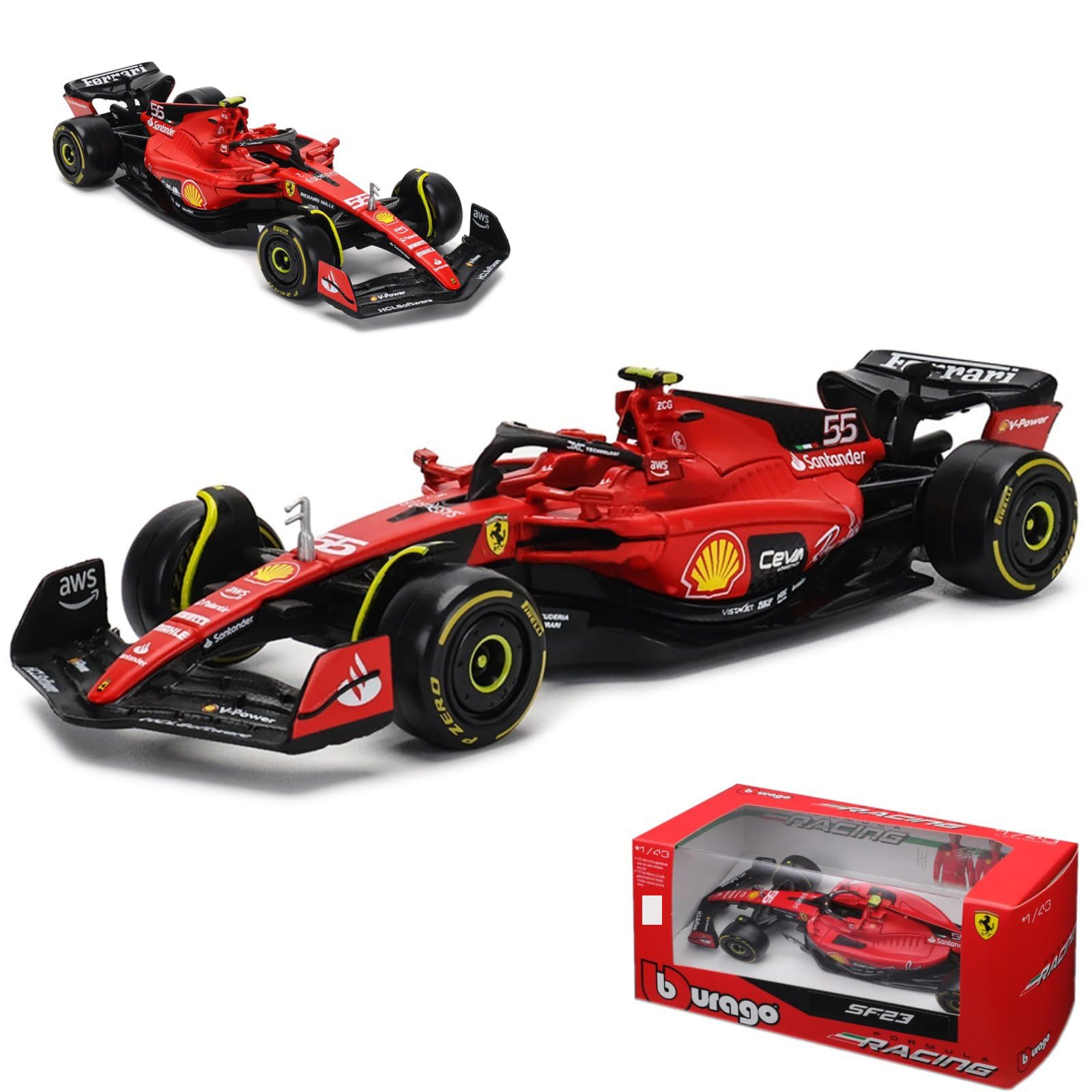 HTLNUZD Bburago 2023 1/43 SF23#55 Racing Model Car for F1 Scuderia Ferrari 1:43 SF23#55 Sainz Alloy Car Die Cast Car Model Adult Collection Gift (SF23#55 Color Box Version)