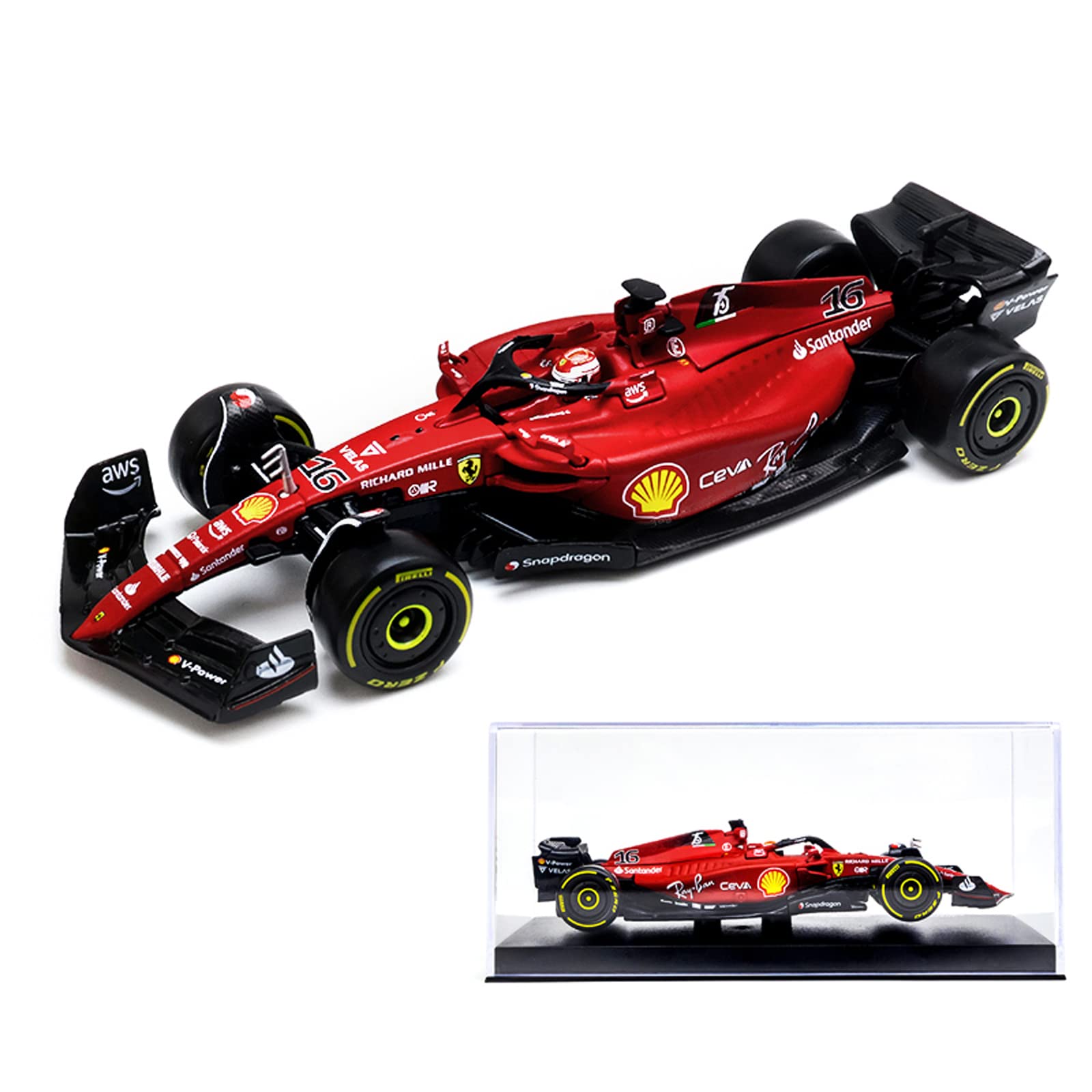 XTD Bburago 1:43 Ferrari #16 Leclerc 2022 F1 Scuderia Ferrari F1-75 #55 Sainz Alloy Luxury Vehicle Diecast Cars Model Toy Collection Gift (2022 F1-75 #16 Acrylic Box)Red