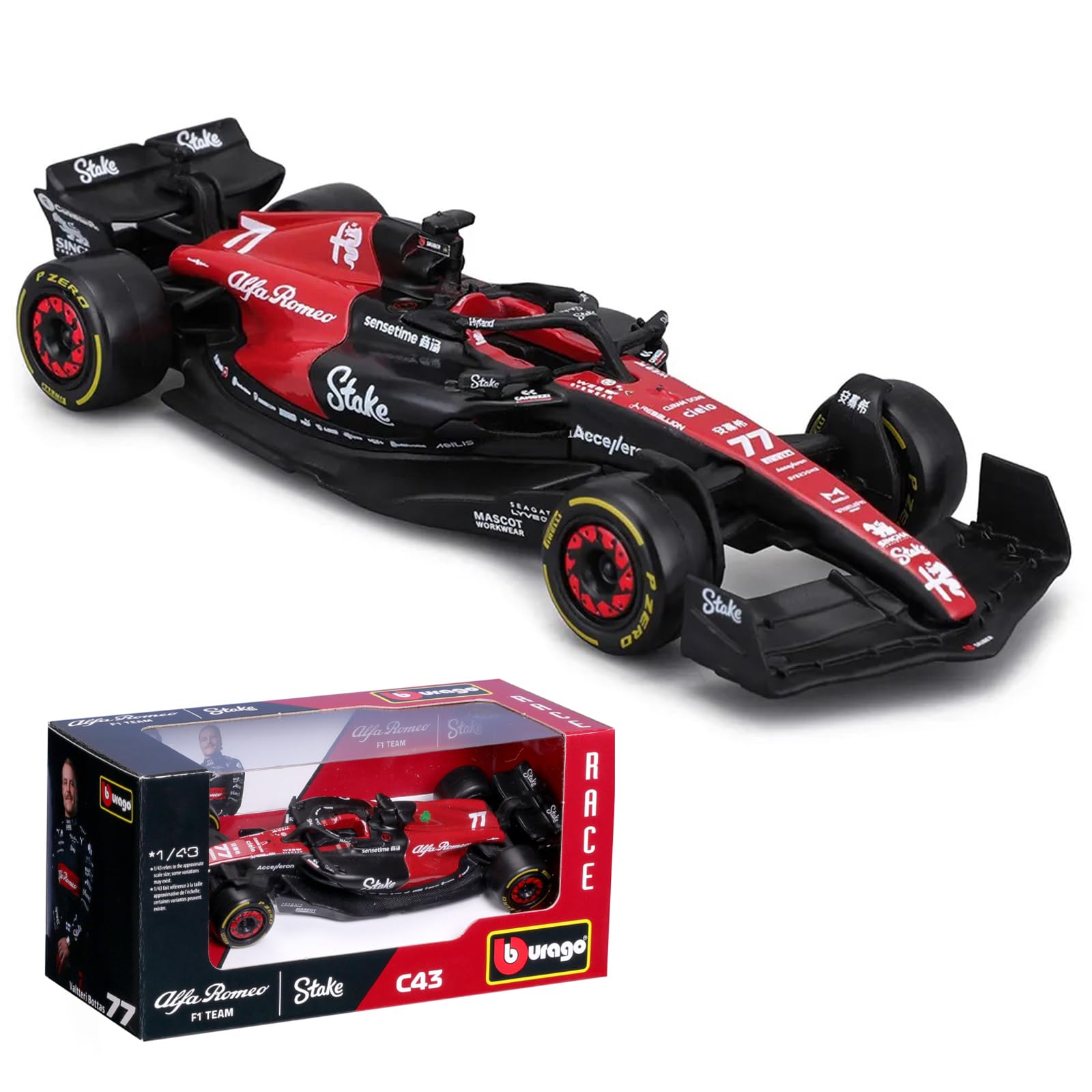 Xiangtat 1/43 Bburago 1:43 Alfa Romeo F1 Team Stake 2023 C43 77# Valtteri Bottas Alloy Car Die Cast Model Collection Gift (C43 77#)