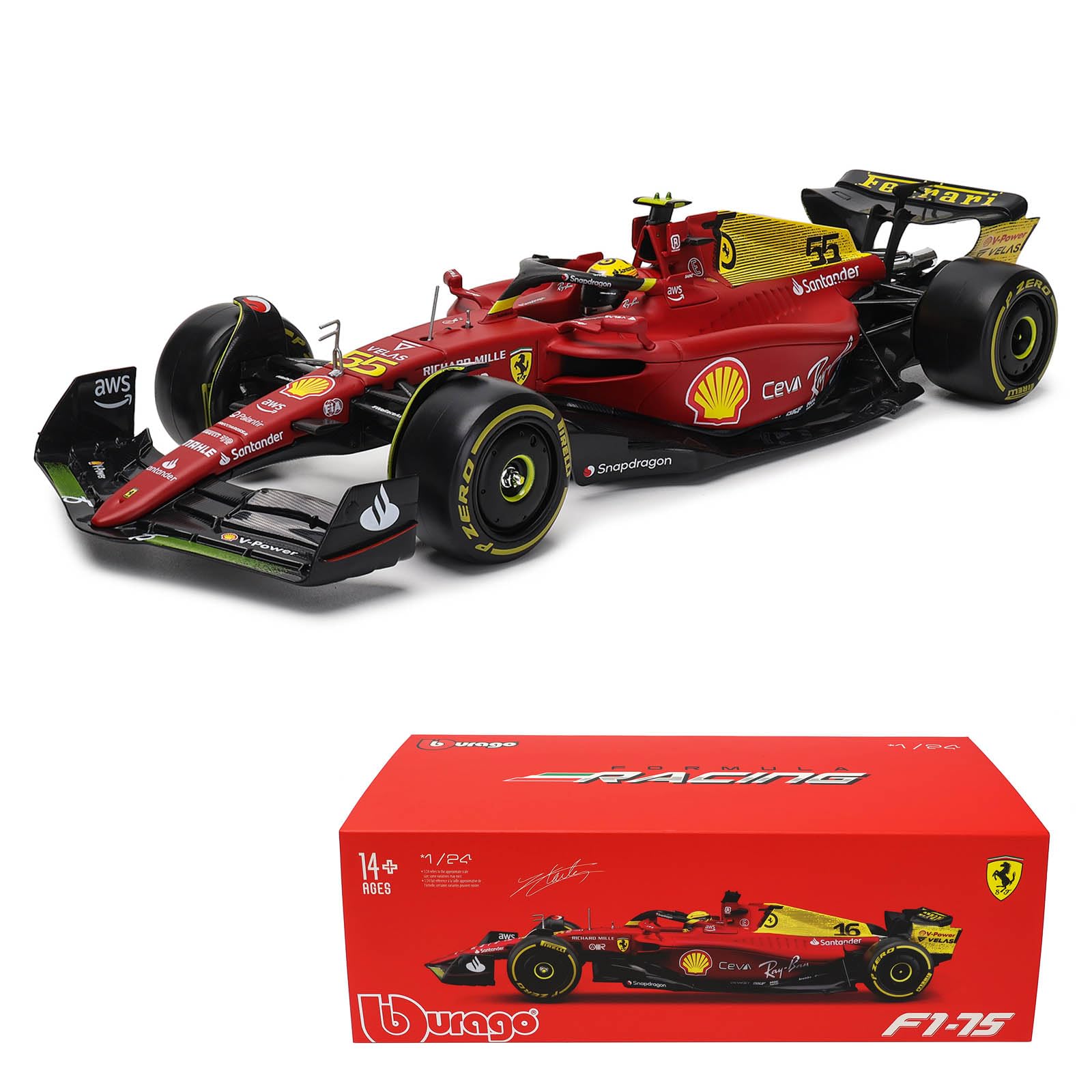 XTD Bburago 1:24 2022 F1 F1-75 75th Anniversary F1-75 75th #55 Carlos Sainz Alloy Luxury Vehicle Diecast Cars Model Collection Gift (1/24 F1-75 75th #55)