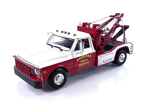 Greenlight 1972 Chevrolet C-30 Dually Wrecker Tow Truck Downtown Shell Service - Service is Our Business White and Red 1/18 Diecast Model Car