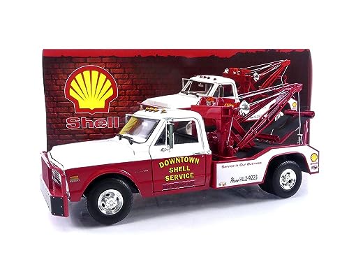 Greenlight 1972 Chevrolet C-30 Dually Wrecker Tow Truck Downtown Shell Service - Service is Our Business White and Red 1/18 Diecast Model Car