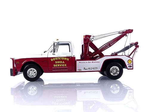 Greenlight 1972 Chevrolet C-30 Dually Wrecker Tow Truck Downtown Shell Service - Service is Our Business White and Red 1/18 Diecast Model Car