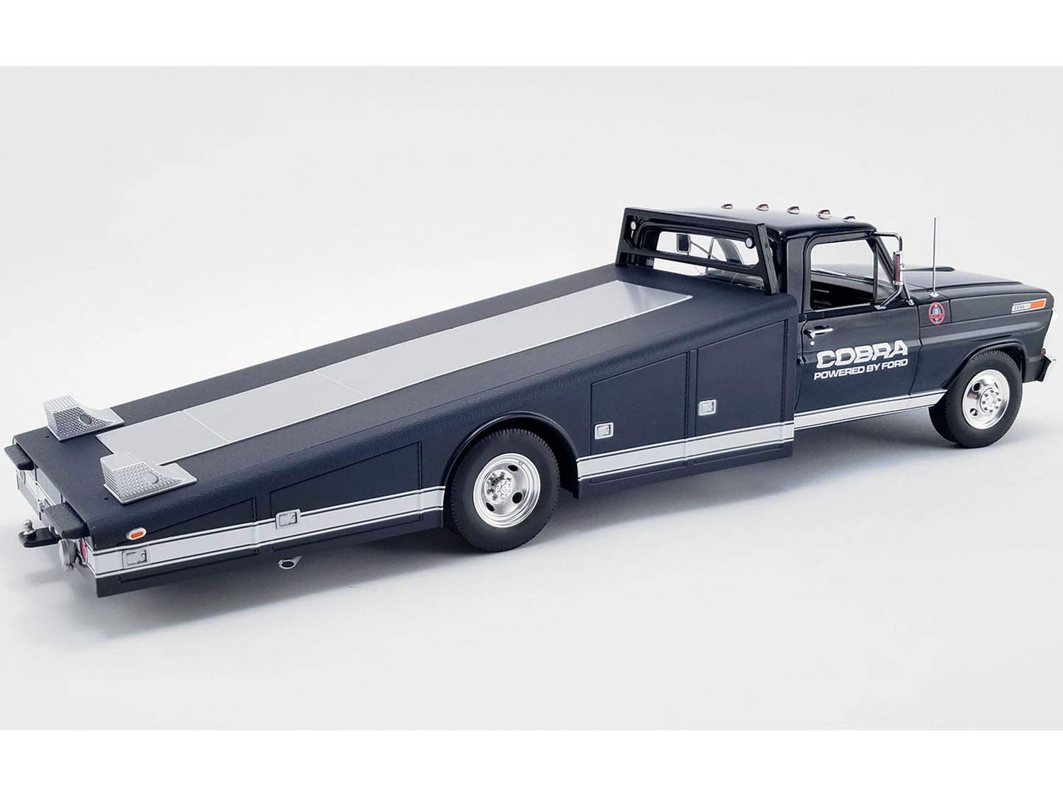 1970 Ford F-350 Ramp Truck Dark Blue with White Stripes Cobra Powered by Ford 1/18 Diecast Model Car by ACME A1801405