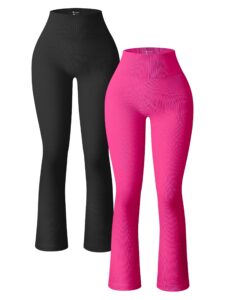 oqq women's 2 piece yoga pants ribbed seamless workout high waist bell bottoms flare leggings black rose3