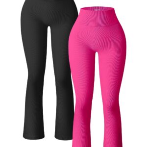 OQQ Women's 2 Piece Yoga Pants Ribbed Seamless Workout High Waist Bell Bottoms Flare Leggings Black Rose3