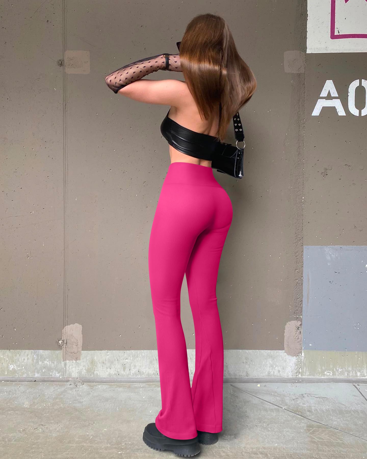 OQQ Women's 2 Piece Yoga Pants Ribbed Seamless Workout High Waist Bell Bottoms Flare Leggings Black Rose3