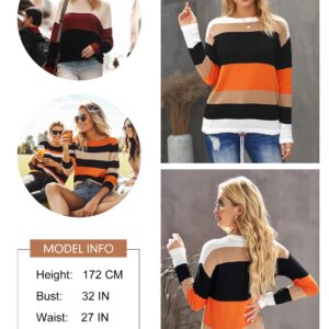 Dokotoo Womens Sweaters Round Neck Striped Cute Winter Pullover Sweaters for Women Trendy 2023 Drawstring Orange Medium