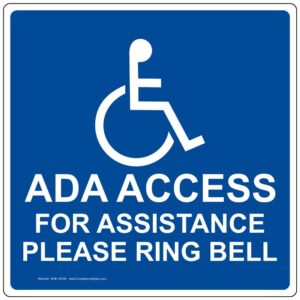 compliancesigns.com ada access for assistance please ring bell label decal, 6x6 inch vinyl for accessible