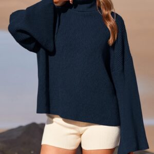 BTFBM Women's Turtleneck Pullover Sweaters 2024 Fall Winter Bell Long Sleeve Slouchy Oversized Ribbed Knit Jumper Tops(Solid Dark Blue, Small)