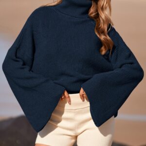 BTFBM Women's Turtleneck Pullover Sweaters 2024 Fall Winter Bell Long Sleeve Slouchy Oversized Ribbed Knit Jumper Tops(Solid Dark Blue, Small)