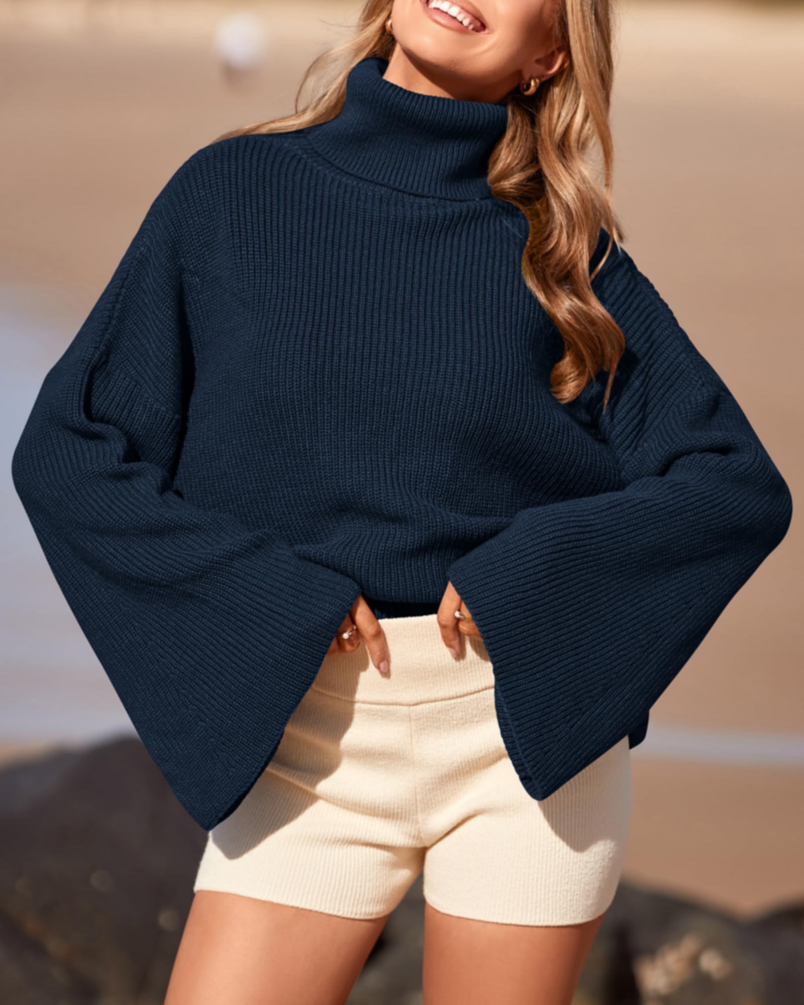 BTFBM Women's Turtleneck Pullover Sweaters 2024 Fall Winter Bell Long Sleeve Slouchy Oversized Ribbed Knit Jumper Tops(Solid Dark Blue, Small)