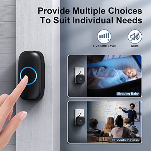 SECRUI Wireless Doorbell with 2 Receivers 2 Push Buttons, Easy installation, Adjustable Volume, 58 Chimes, Colorful LED, 1000Ft Range, M520+F55, Black