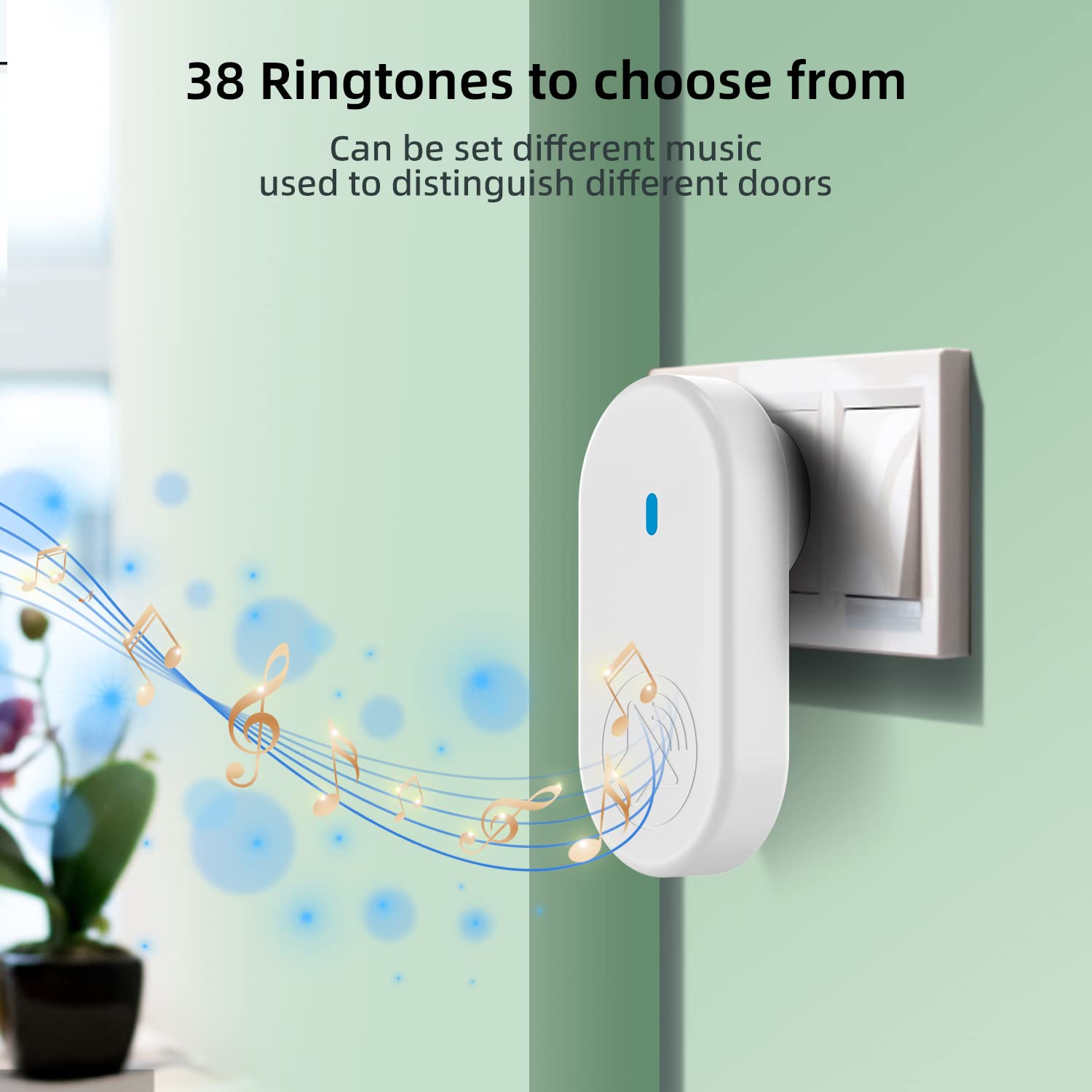 Wonderful Home Wireless Doorbell with IP65 Waterproof 1050 Feet/320M and 5 Adjustable Volume Levels 38 Melodies Doorbell Chime and LED Flashing