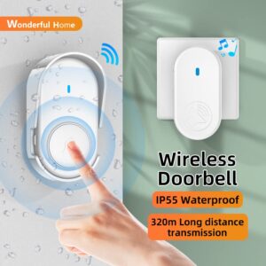 Wonderful Home Wireless Doorbell with IP65 Waterproof 1050 Feet/320M and 5 Adjustable Volume Levels 38 Melodies Doorbell Chime and LED Flashing