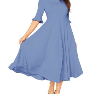 Verdusa Women's Elegant Ribbed Knit Bell Sleeve Fit and Flare Midi Dress Slate Blue S