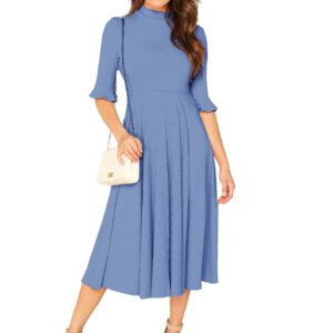 Verdusa Women's Elegant Ribbed Knit Bell Sleeve Fit and Flare Midi Dress Slate Blue S