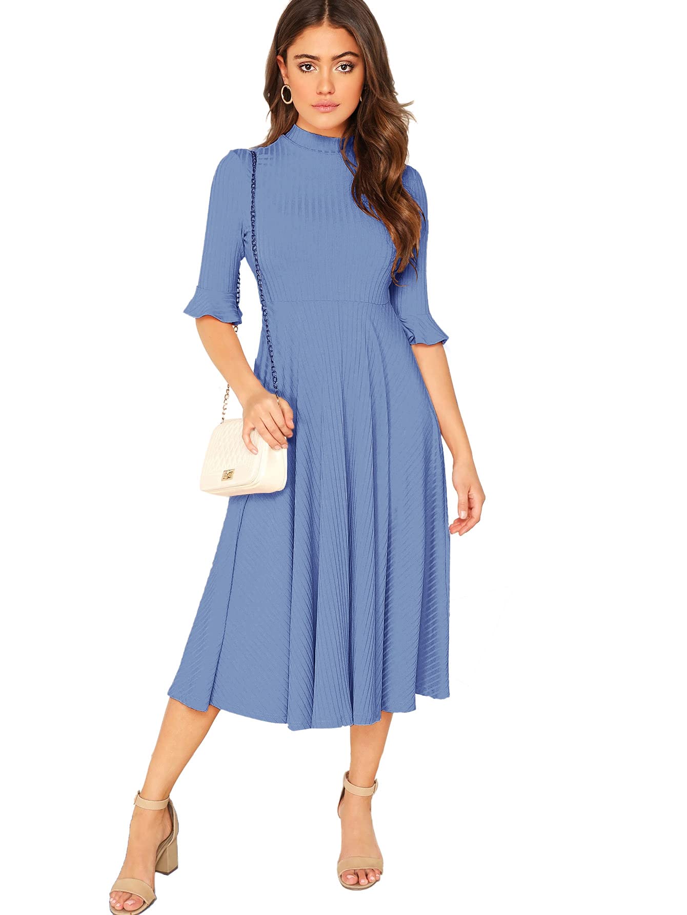 Verdusa Women's Elegant Ribbed Knit Bell Sleeve Fit and Flare Midi Dress Slate Blue S
