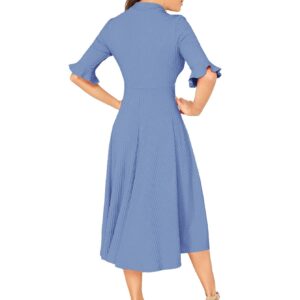 Verdusa Women's Elegant Ribbed Knit Bell Sleeve Fit and Flare Midi Dress Slate Blue S