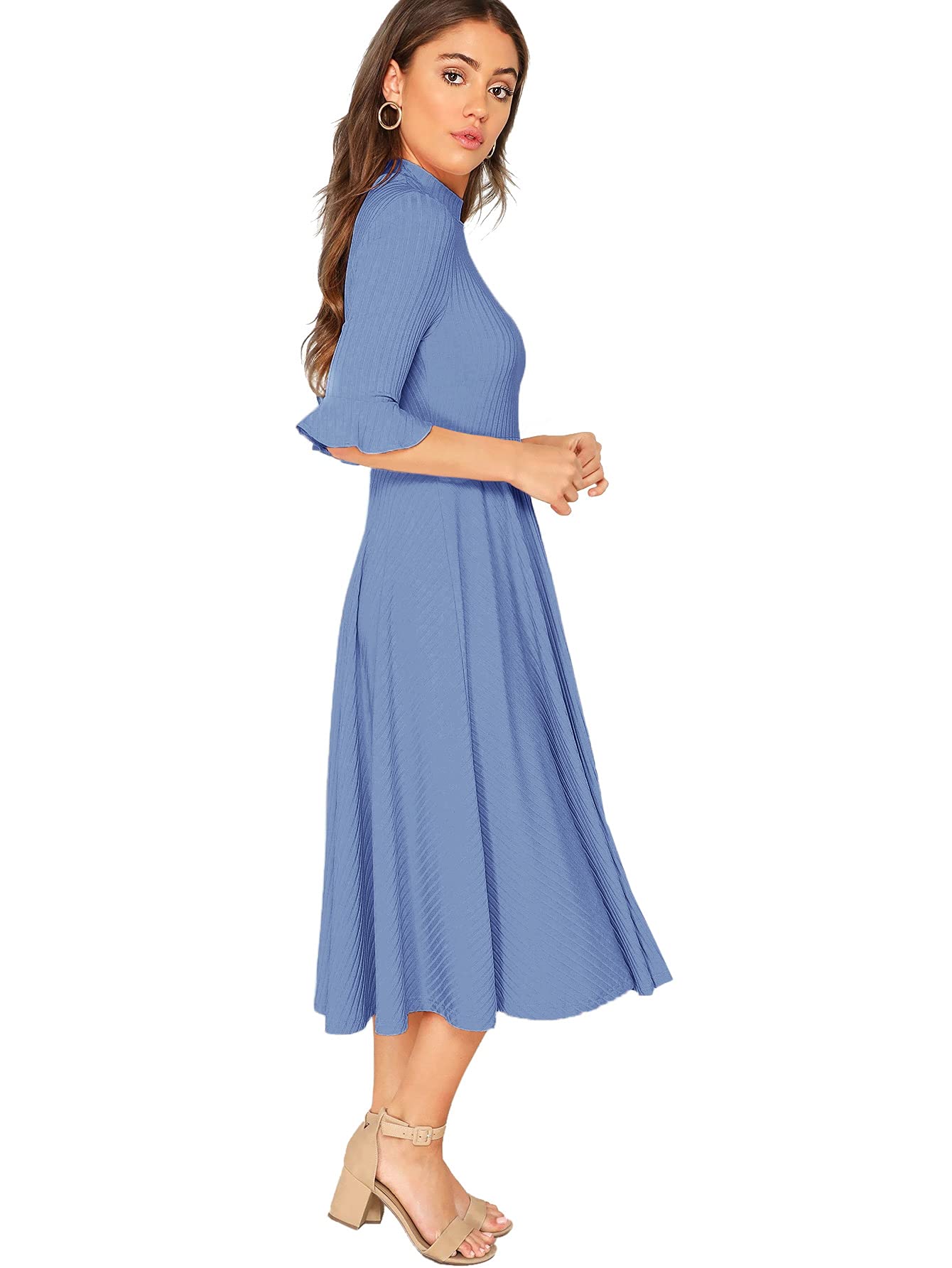 Verdusa Women's Elegant Ribbed Knit Bell Sleeve Fit and Flare Midi Dress Slate Blue S