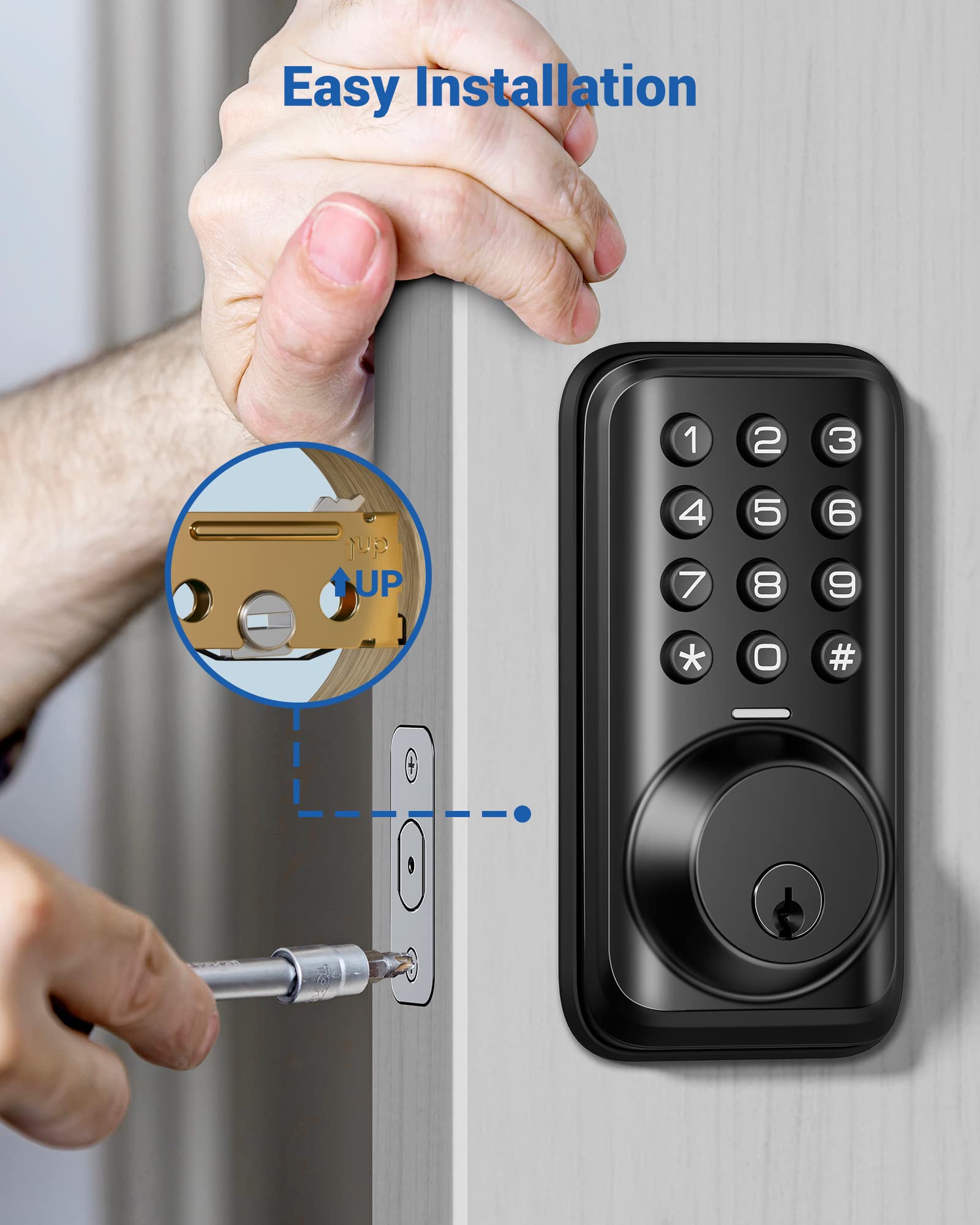 Veise Keyless Entry Door Lock, Electronic Keypad Deadbolt Lock, Auto Lock, 1 Touch Locking & 20 User Codes, Anti-Peeking Password, Easy Installation Design - Matte Black