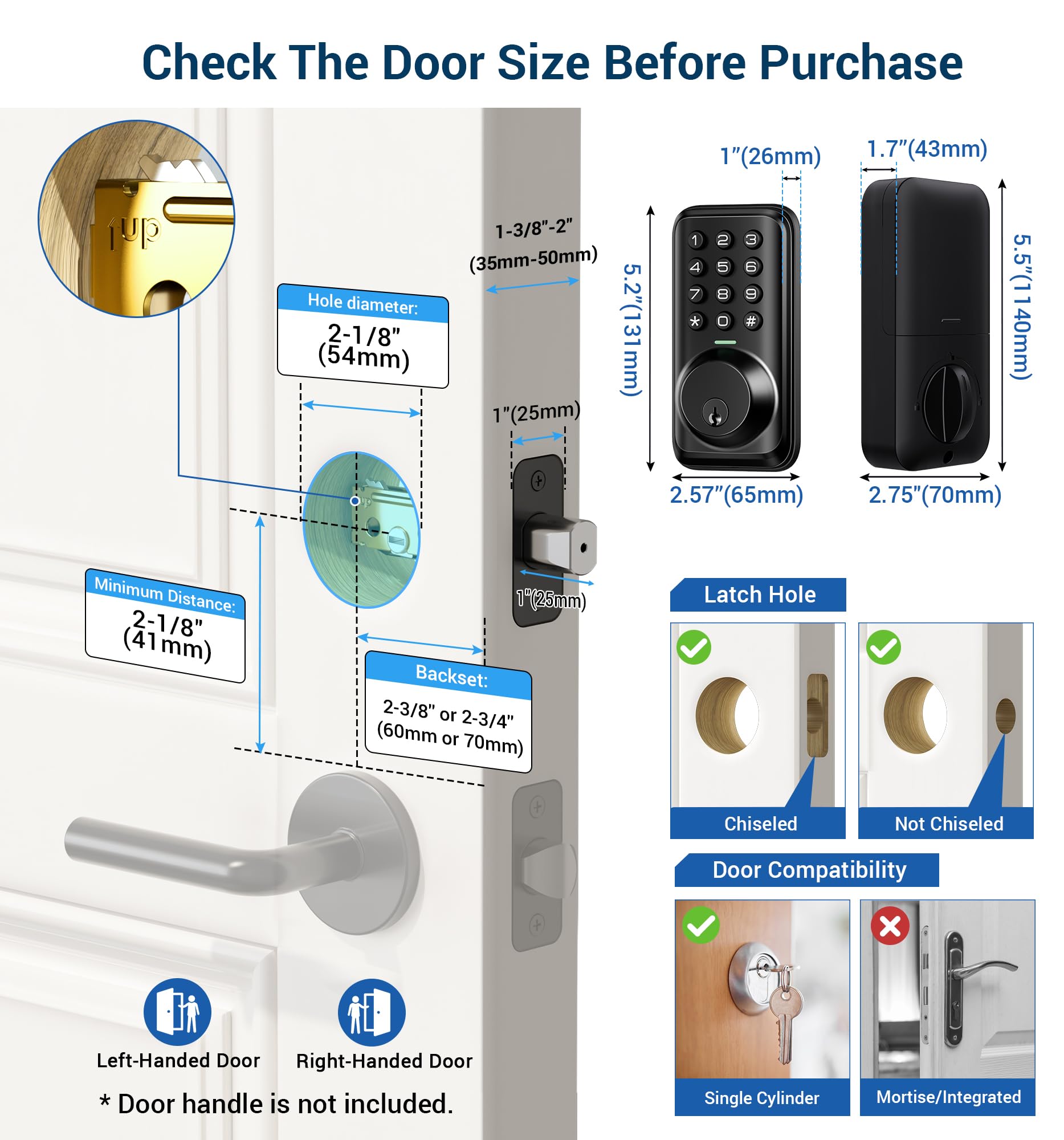 Veise Keyless Entry Door Lock, Electronic Keypad Deadbolt Lock, Auto Lock, 1 Touch Locking & 20 User Codes, Anti-Peeking Password, Easy Installation Design - Matte Black