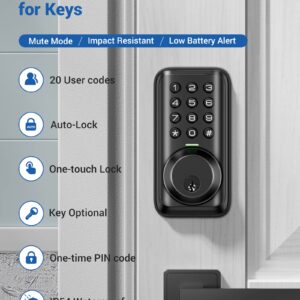 Veise Keyless Entry Door Lock, Electronic Keypad Deadbolt Lock, Auto Lock, 1 Touch Locking & 20 User Codes, Anti-Peeking Password, Easy Installation Design - Matte Black