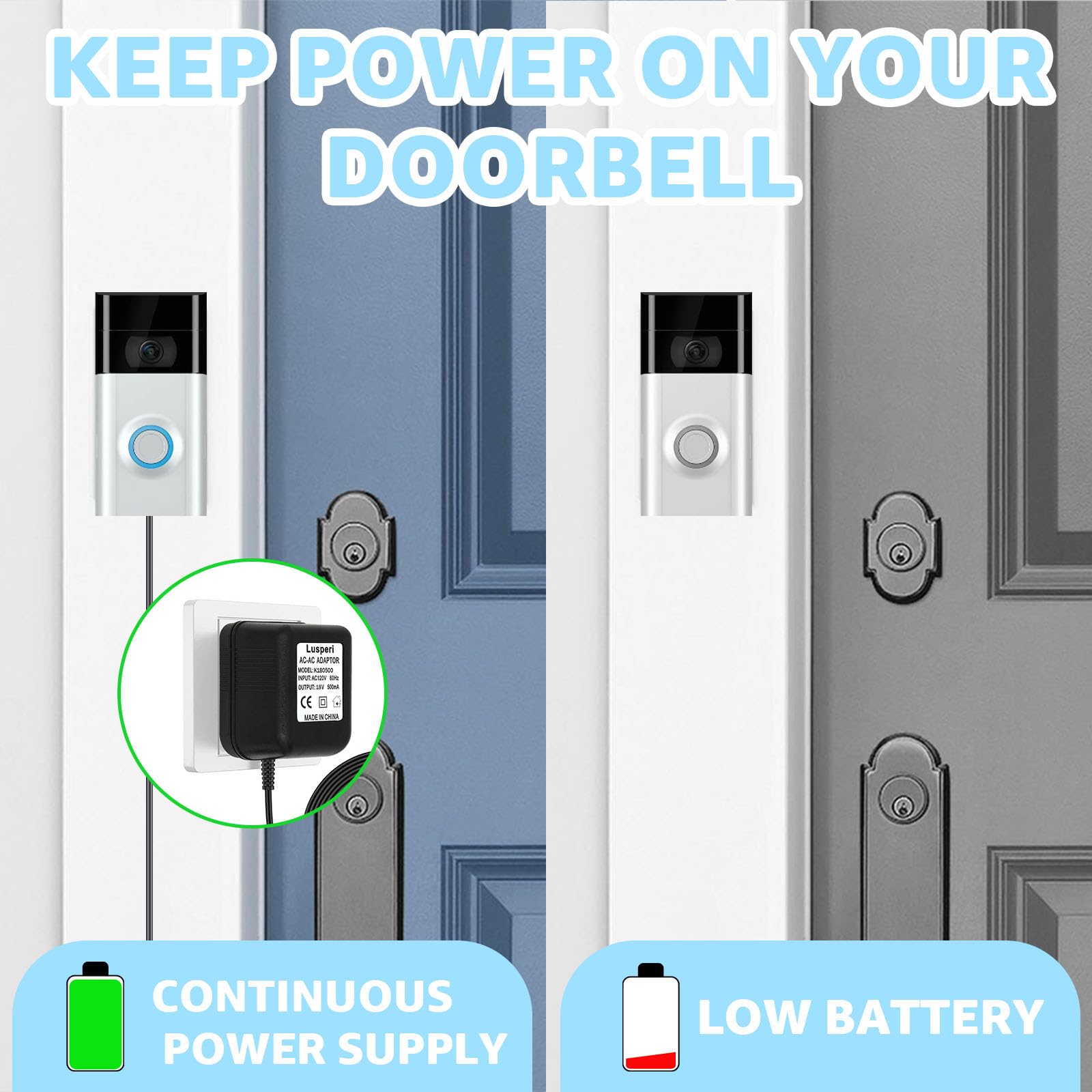 Doorbell Transformer, 24V 500MA Doorbell Power Adapter - Compatible with Ring, Wyze, Nest, Eufy, Arlo Wireless Video doorbell (with 26ft Cable Black)