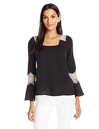 NY Collection Women's SLD Ls Bell Blouse with Tie at Back and Lace Trim, Black, M