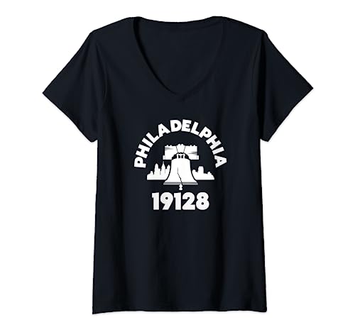 Womens Philly Neighborhood 19128 Zip Code Philadelphia Liberty Bell V-Neck T-Shirt