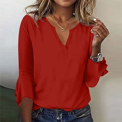 flash deals of The day Long Sleeve Tshirts Shirts for Women Fall Fashion 2023 3/4 Bell Sleeves v Neck Tunic Tops Casual Loose Fit Blouses Business Tops for Women Red 2X