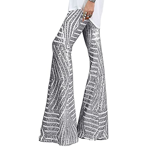 Prime Deals of The Day Today Only Silver Sequin Pants Women Sequin Pants Sparkly Glitter High Waisted Wide Leg Flare Trousers Bell Bottom Night Out Clubwear Jogging Pants for Women S