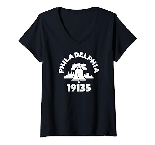 Womens Philly Neighborhood 19135 Zip Code Philadelphia Liberty Bell V-Neck T-Shirt