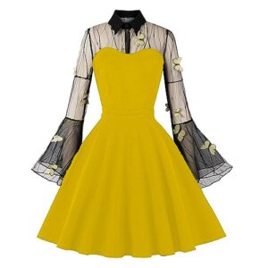 Women Steampunk Gothic Lace Dress Cocktail Swing Mini Dress A-Line High Waisted Pleated Bell Sleeve Halloween Dress