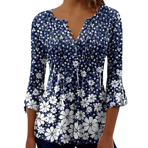 Tshirts Shirts for Women 3/4 Bell Sleeve Button Down Henley Tops Flowy Pleated Casual V Neck Ditsy Floral Blouse