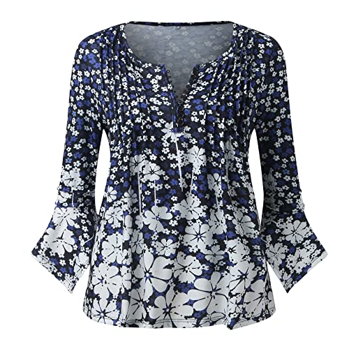 Tshirts Shirts for Women 3/4 Bell Sleeve Button Down Henley Tops Flowy Pleated Casual V Neck Ditsy Floral Blouse