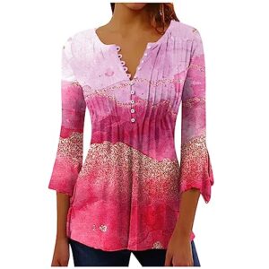 womens fashion 3/4 length bell sleeve tops pleated button vneck flowy t-shirts casual dressy blouses hide belly tunic