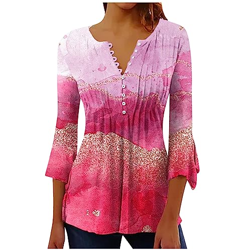 Womens Fashion 3/4 Length Bell Sleeve Tops Pleated Button Vneck Flowy T-Shirts Casual Dressy Blouses Hide Belly Tunic