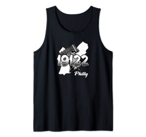 philadelphia silhouette with zip code 19122 and liberty bell tank top