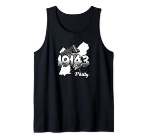 philadelphia silhouette with zip code 19143 and liberty bell tank top