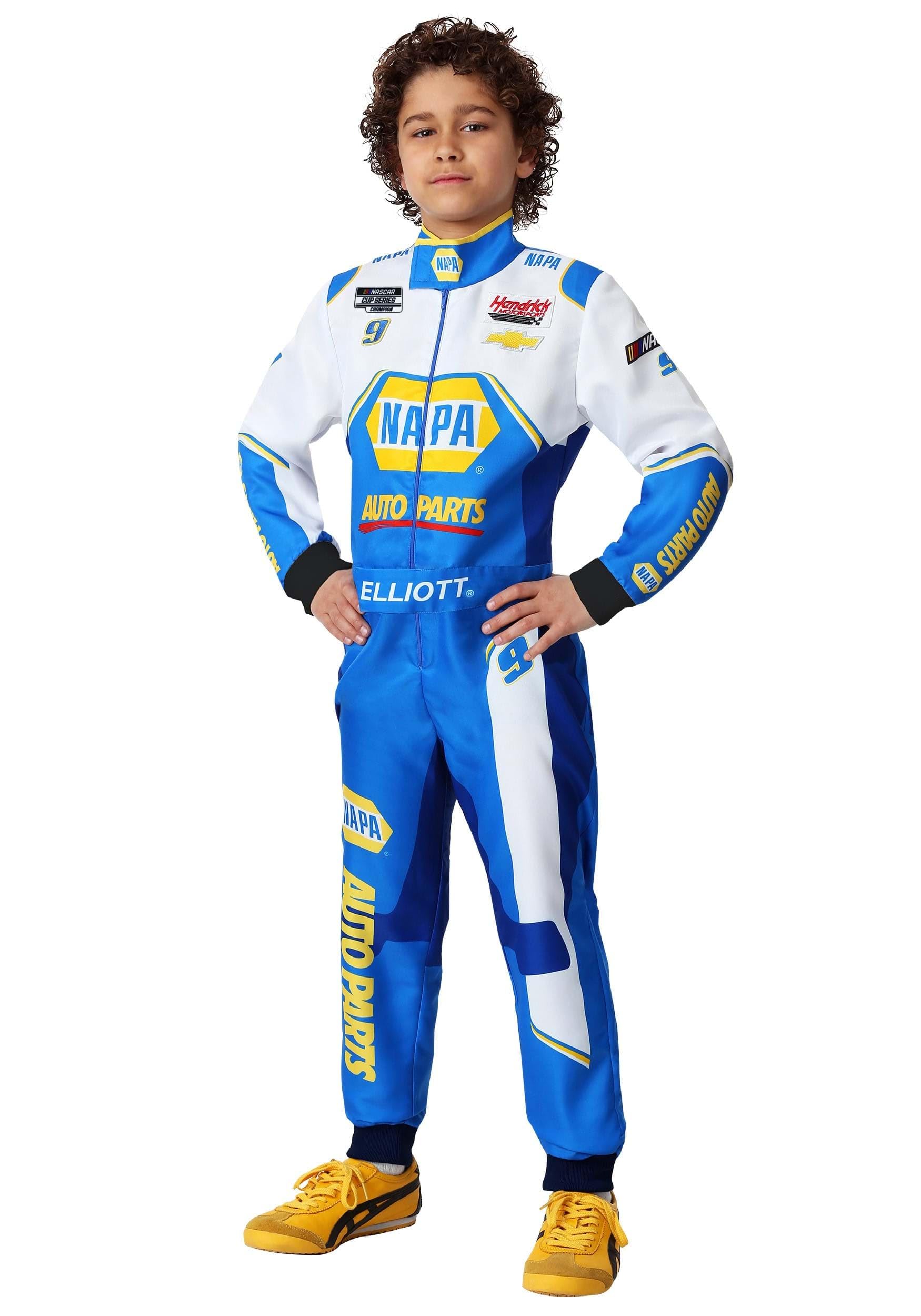 Fun Costumes NASCAR Kids Chase Elliott Suit Boys, Blue Race Car Driver Halloween Costume Large