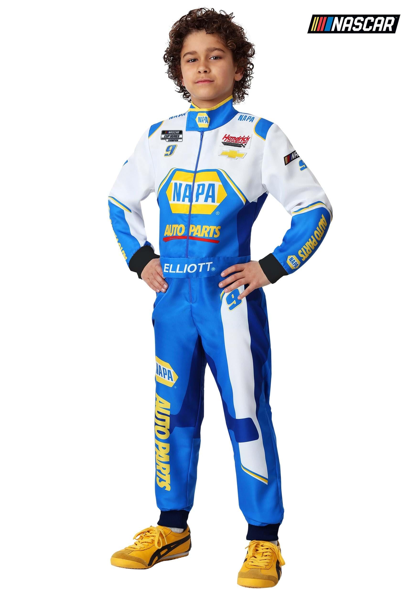 Fun Costumes NASCAR Kids Chase Elliott Suit Boys, Blue Race Car Driver Halloween Costume Large