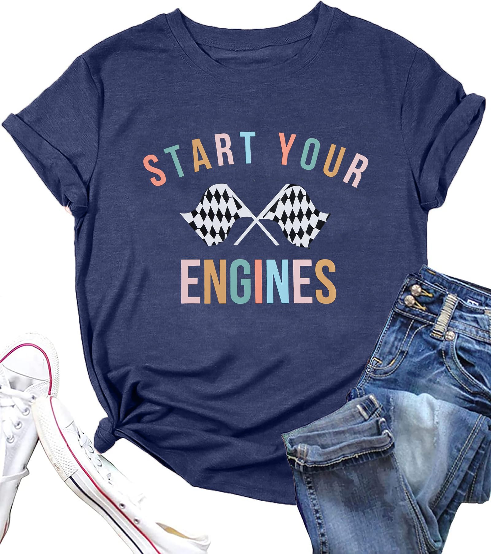 BANGELY Start Your Engines Tshirt Checkered Flag Racing Shirts Raceday Casual Unisex Short Sleeve Tee Tops