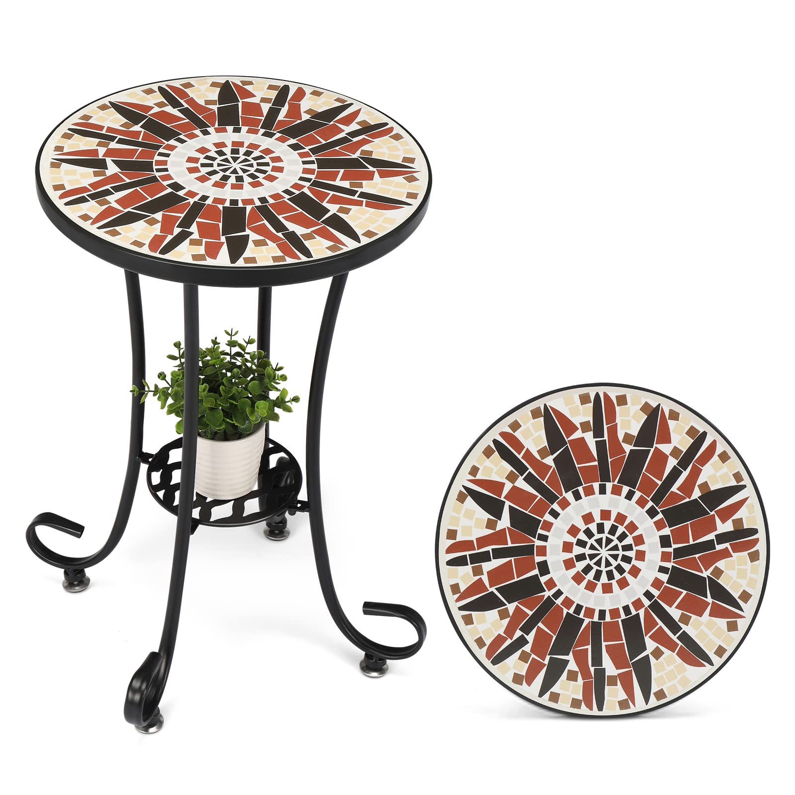 VINGLI Mosaic Outdoor Side Table, 14" Round End Table, Accent Table, Ceramic Tile Top Black Iron,Brown Flower