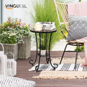 VINGLI Mosaic Outdoor Side Table, 14" Round End Table, Accent Table, Ceramic Tile Top Black Iron,Brown Flower