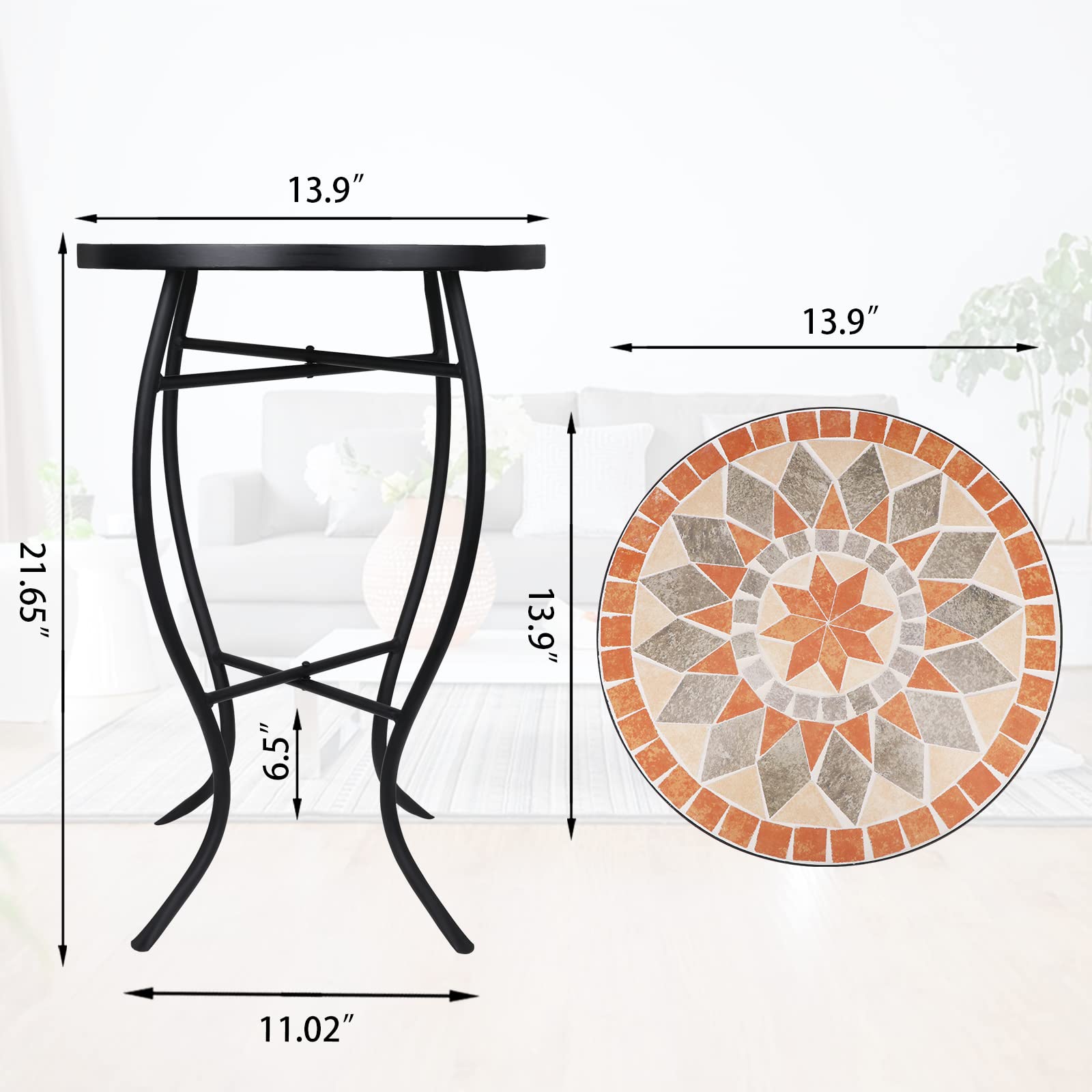 VCUTEKA Mosaic Side Table, 21" Round End Table with 14" Ceramic Tile Top, Patio Accent Table Indoor and Outdoor End Table for Yard, Garden, Living Room, Bistro Balcony or Lawn Golden Sun