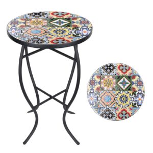 VCUTEKA Mosaic Side Table, 21" Round End Table with 14" Ceramic Tile Top, Indoor Patio Accent Table for Yard, Garden, Living Room, Bistro Balcony or Lawn