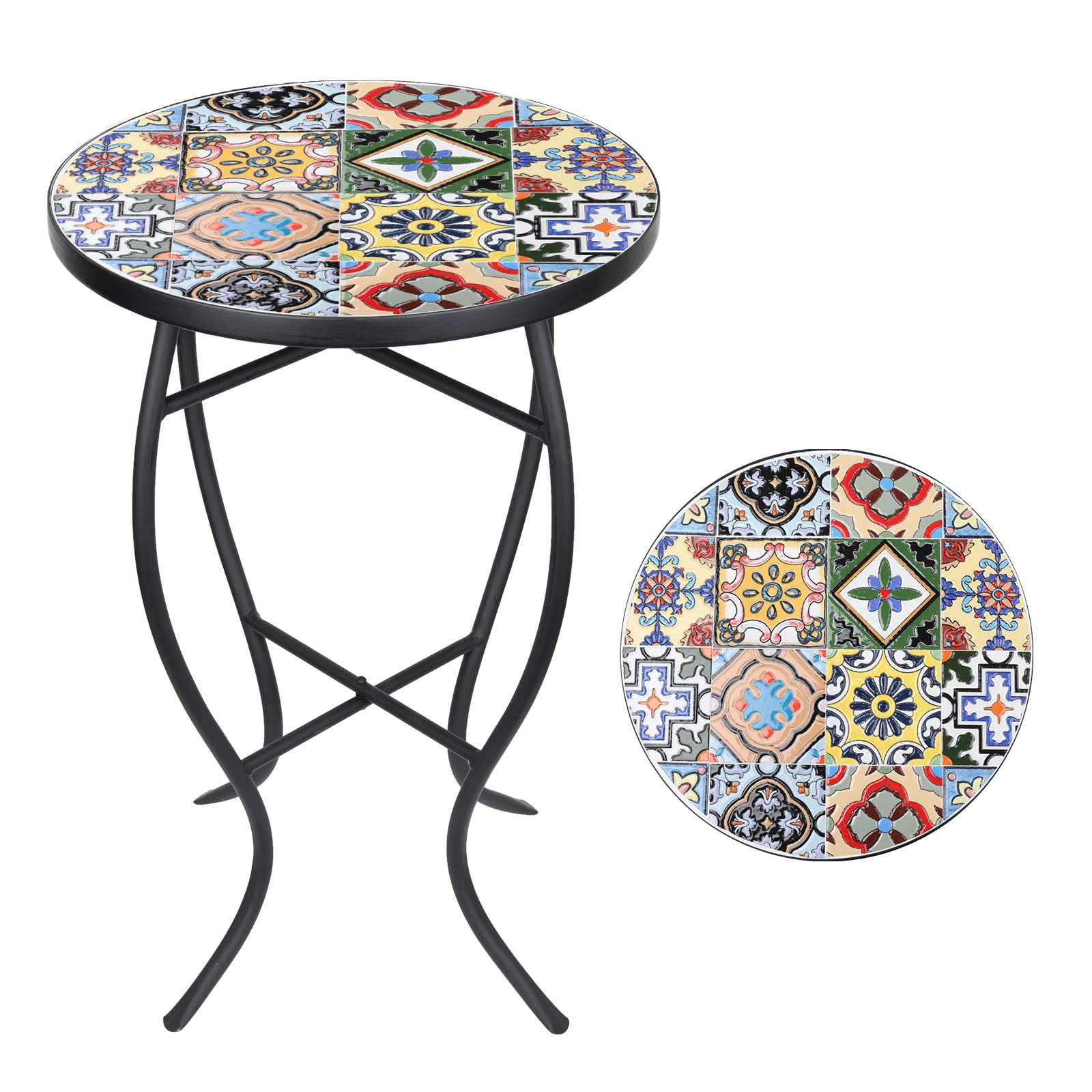 VCUTEKA Mosaic Side Table, 21" Round End Table with 14" Ceramic Tile Top, Indoor Patio Accent Table for Yard, Garden, Living Room, Bistro Balcony or Lawn