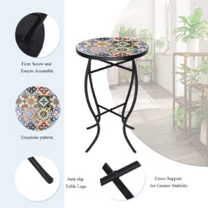 VCUTEKA Mosaic Side Table, 21" Round End Table with 14" Ceramic Tile Top, Indoor Patio Accent Table for Yard, Garden, Living Room, Bistro Balcony or Lawn